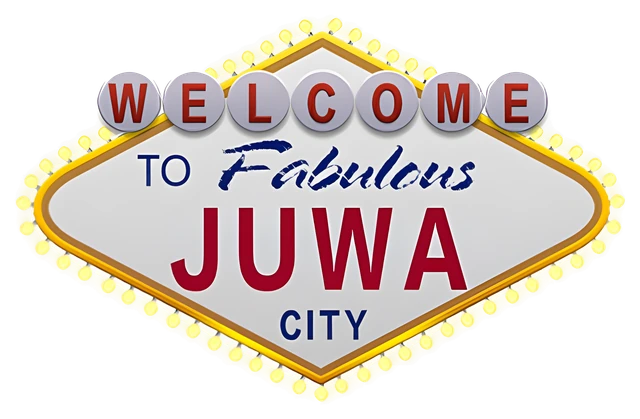 Welcome to Fabulous Juwa City logo: a silver roadside sign with a gold bulb border, red WELCOME coins and red JUWA lettering